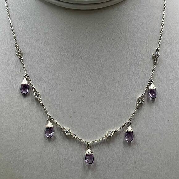 Signed L J Sterling Silver Amethyst Briolette Drop Necklace February Birthstone - Picture 1 of 13